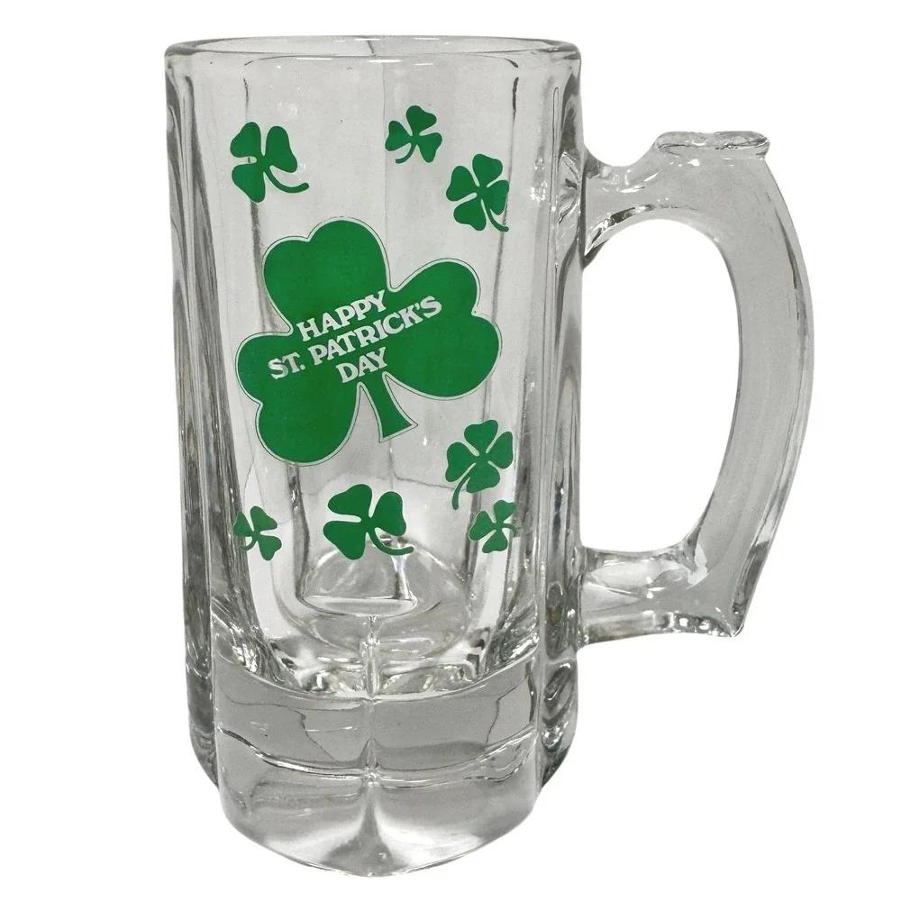 Happy St Patricks Day Glass Beer Mug Green Shamrock Clover Stein Heavy 6